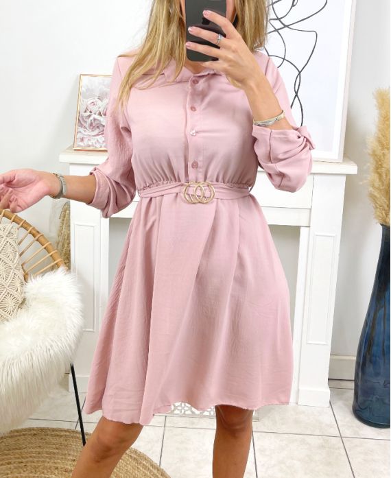 KLEID MIT KNÖPFEN UND GÜRTEL ZUM BINDEN SU110 PINK