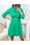 DRESS WITH BUTTONS AND BELT TO TIE SU110 EMERALD GREEN