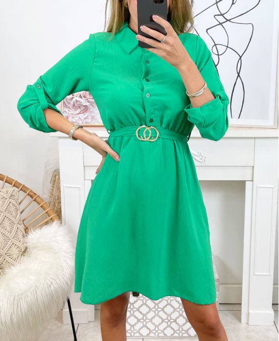 DRESS WITH BUTTONS AND BELT TO TIE SU110 EMERALD GREEN