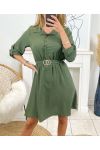 DRESS WITH BUTTONS AND BELT TO TIE SU110 MILITARY GREEN