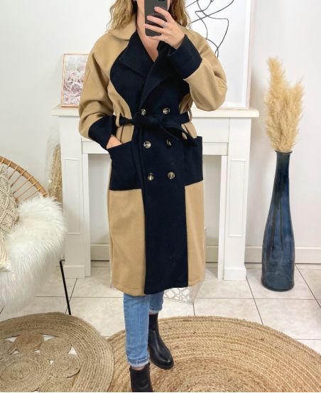 MANTEAU LONG BI-COLORE B2683 CAMEL/NOIR