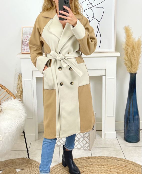 LONG COAT BI-COLORED B2683 GREEN/BEIGE