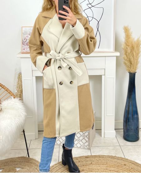 LONG COAT BI-COLORED B2683 GREEN/BEIGE