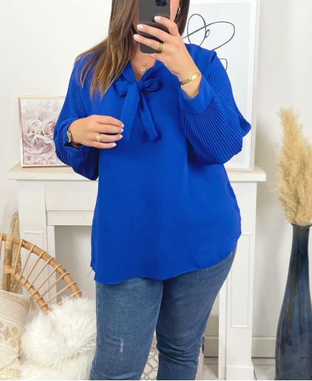 LARGE SIZE BLOUSE SLEEVE PLEATED SCUT TO TIE 2688 ROYAL BLUE