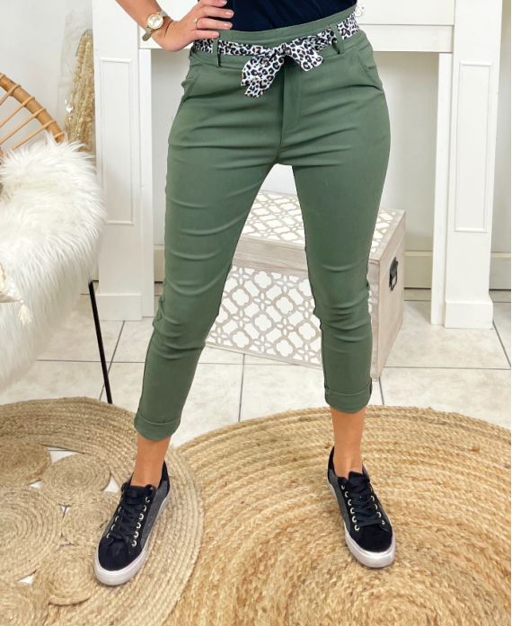 PACK 4 TROUSERS WITH BELT SCARVES S M L XL P032 MILITARY GREEN