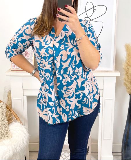 LARGE SIZE PRINTED BLOUSE 19078 BLUE