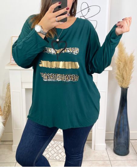 LARGE SIZE T-SHIRT PRINTED HEART 2697 EMERALD GREEN