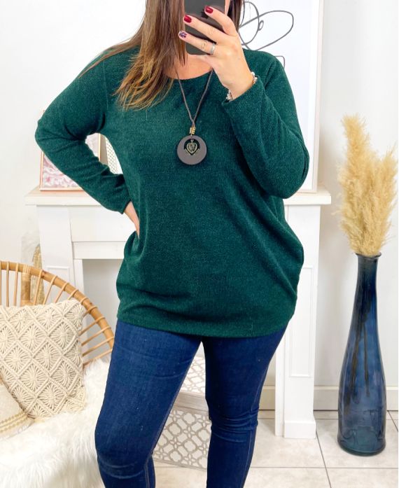 LARGE SIZE TUNIC SWEATER + NECKLACE 19624 GREEN