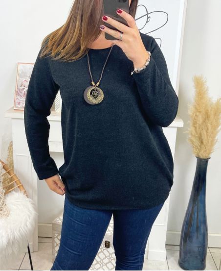 GRANDE TAILLE PULL TUNIQUE + COLLIER 19624 NOIR