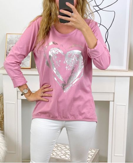 T-SHIRT FLOCAGE CŒUR SA10 ROSE