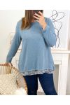 GRANDE TAILLE PULL TUNIQUE BASE DENTELLE 2004 BLEU CIEL