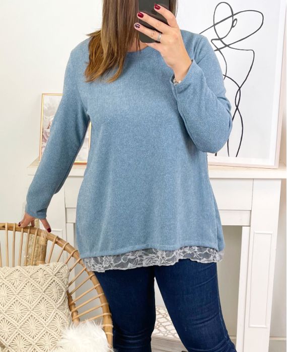 GRANDE TAILLE PULL TUNIQUE BASE DENTELLE 2004 BLEU CIEL