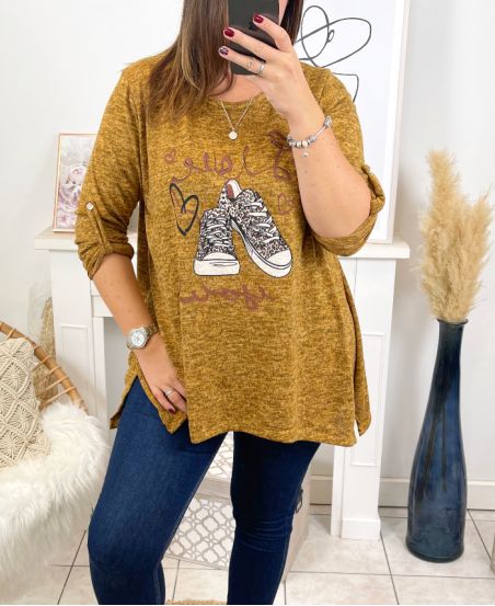 GRANDE TAILLE PULL LOVE CLOUTE 2333 MOUTARDE