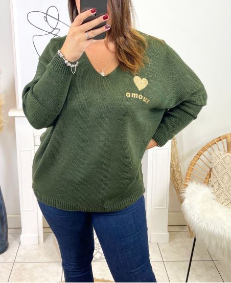 GRANDE TAILLE PULLOVER AMOUR MO03 VERT MILITAIRE