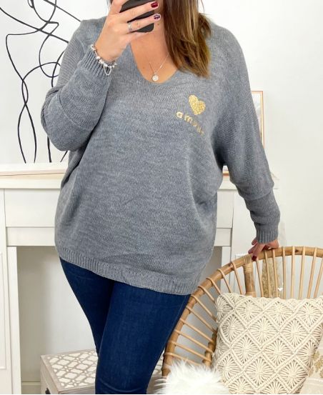 GRANDE TAILLE PULLOVER AMOUR MO03 GRIS