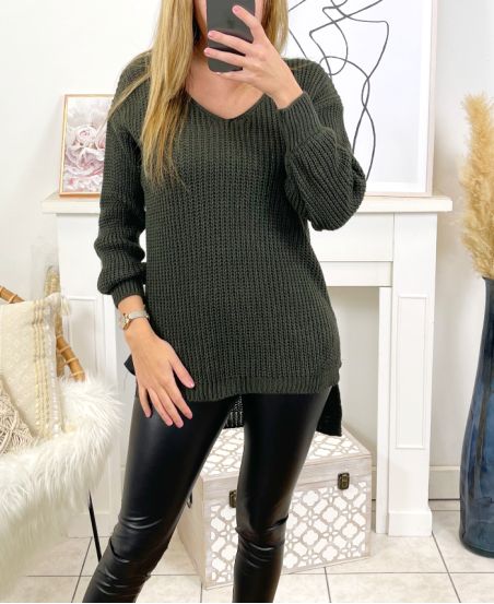 MILITARY GREEN ASYMETRYCZNY SWETER TUNIKI SHA11