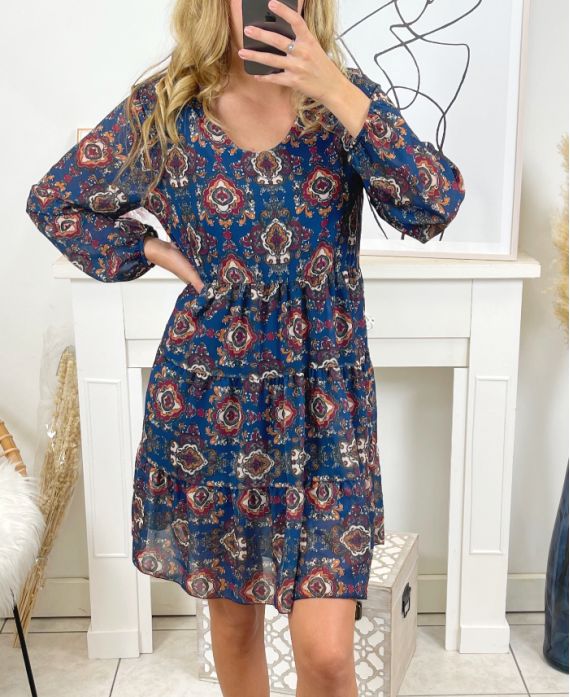 V-NECK PRINT DRESS 9464I2 NAVY BLUE