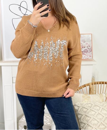 GROOT FORMAAT PULLOVER STRASS SHINE 3028 CAMEL