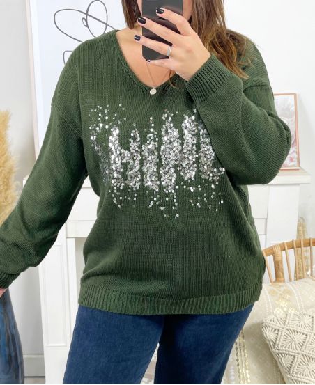 LARGE SIZE PULLOVER STRASS SHINE 3028 MILITARY GREEN