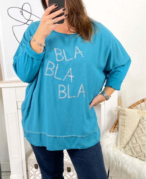 GRANDE TAILLE PULL BLA BLA BLA 2107 BLEU