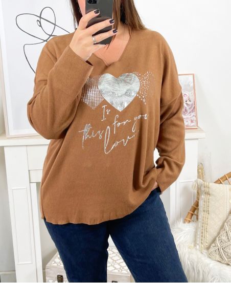 LARGE SIZE HEART SWEATER 2377 CAMEL