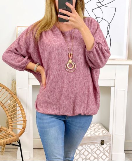 ELASTIC BASE SWEATER WITH PINK 3680M1 NECKLACE