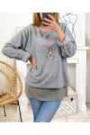 GLOSSY SWEATER LAYERED WITH NECKLACE 9164 GREY