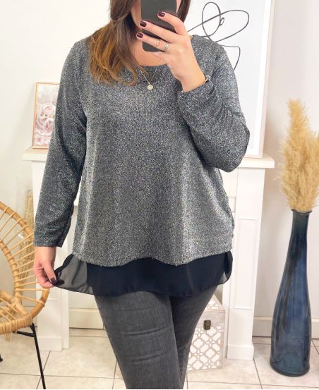 GRANDE TAILLE PULL TUNIQUE SOIREE BRILLANT SUPERPOSE 18180 GRIS