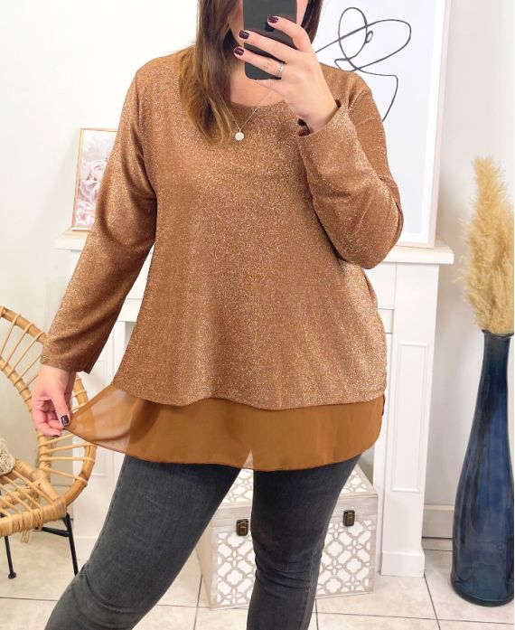 LARGE SIZE SWEATER TUNIC EVENING GLOSSY LAYERING 18180 BEIGE