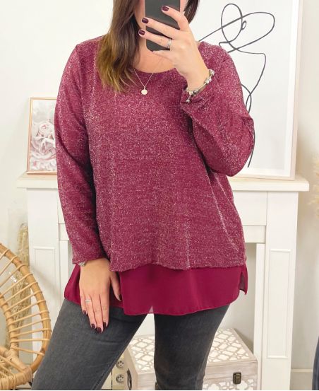 LARGE SIZE SWEATER TUNIC EVENING GLOSSY LAYERING 18180 BURGUNDY