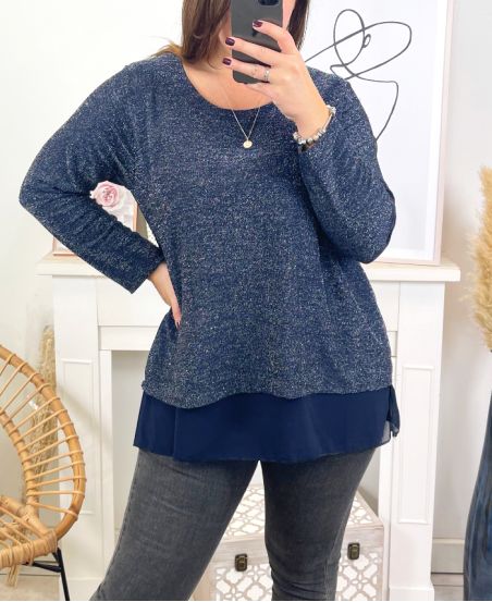 LARGE SIZE SWEATER TUNIC EVENING GLOSSY LAYERING 18180 BLUE