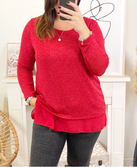 GRANDE TAILLE PULL TUNIQUE SOIREE BRILLANT SUPERPOSE 18180 ROUGE