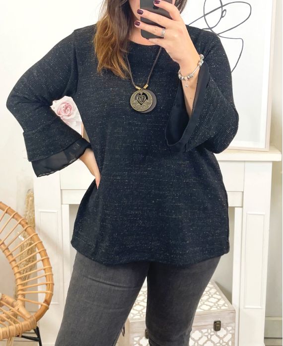 GRANDE TAILLE PULL TUNIQUE SOIREE BRILLANT AVEC COLLIER 19635 NOIR