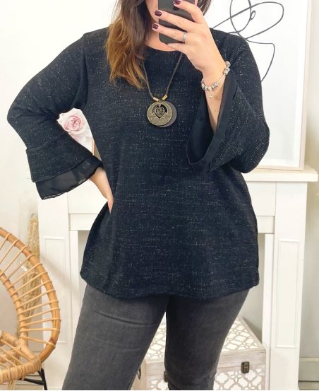 GRANDE TAILLE PULL TUNIQUE SOIREE BRILLANT AVEC COLLIER 19635 NOIR