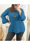 LARGE SIZE SWEATER TUNIC GLOSSY WITH NECKLACE 19635 BLUE