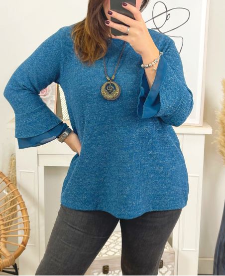 LARGE SIZE SWEATER TUNIC GLOSSY WITH NECKLACE 19635 BLUE
