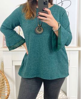 LARGE SIZE SWEATER TUNIC GLOSSY EVENING WITH NECKLACE 19635 GREEN
