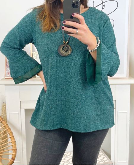LARGE SIZE SWEATER TUNIC GLOSSY EVENING WITH NECKLACE 19635 GREEN