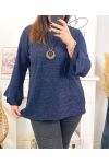 LARGE SIZE SWEATER TUNIC EVENING GLOSSY WITH NECKLACE 19635 NAVY BLUE