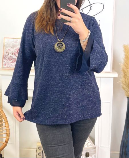 GRANDE TAILLE PULL TUNIQUE SOIREE BRILLANT AVEC COLLIER 19635 BLEU MARINE