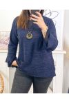 GRANDE TAILLE PULL TUNIQUE SOIREE BRILLANT AVEC COLLIER 19635 BLEU MARINE