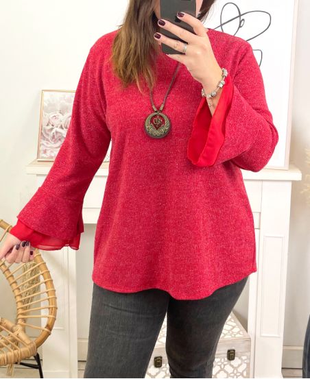 GRANDE TAILLE PULL TUNIQUE SOIREE BRILLANT AVEC COLLIER 19635 ROUGE