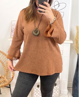 LARGE SIZE SWEATER TUNIC GLOSSY WITH NECKLACE 19635 CAMEL