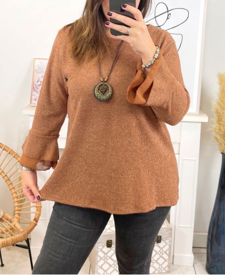 GRANDE TAILLE PULL TUNIQUE SOIREE BRILLANT AVEC COLLIER 19635 CAMEL