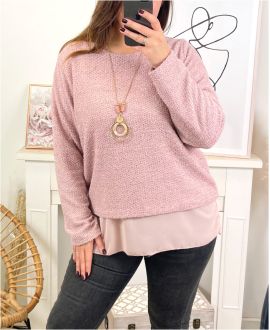 STACKED GLOSSY SWEATER WITH PINK 9164 NECKLACE