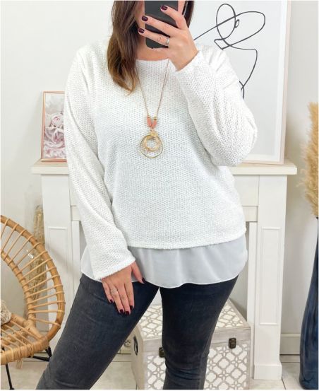 GLOSSY SWEATER LAYERED WITH NECKLACE 9164 WHITE