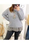 GLOSSY SWEATER LAYERED WITH NECKLACE 9164 GREY