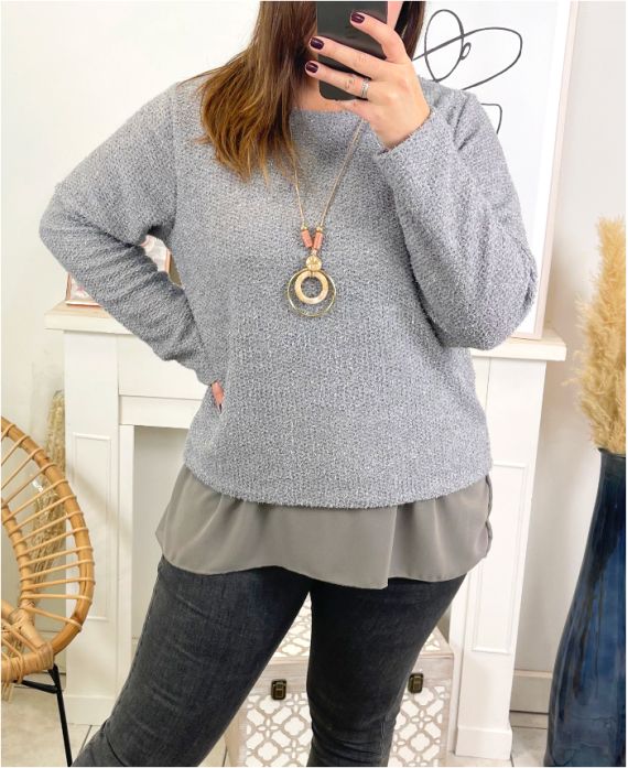 PULL BRILLANT SUPERPOSE OVERSIZE AVEC COLLIER 9164 GRIS