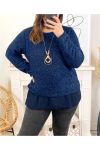 GLOSSY SWEATER LAYERED WITH NECKLACE 9164 BLUE