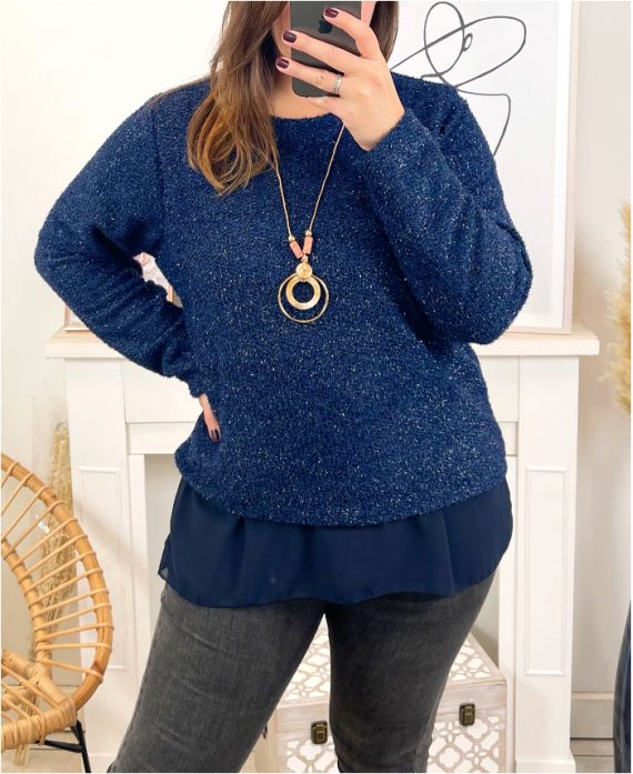 GLOSSY SWEATER LAYERED WITH NECKLACE 9164 BLUE